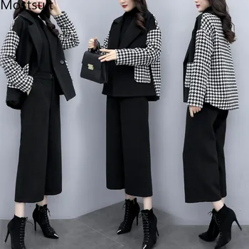 

2019 Winter Houndstooth Woolen 2 Piece Sets Outfits Women Color-blocked Coat Jacket + Wide Leg Pants Suits Office Fashion Sets