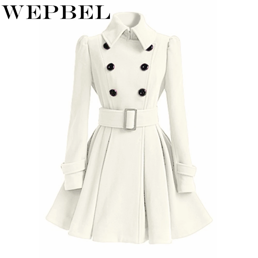 

WEPBEL Women Slim Long Wool Blends Turn Down Neck Casual Sashes Full Sleeve Autumn Winter Ladies Female Wool Blend