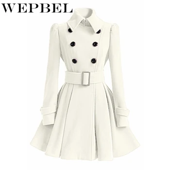 

WEPBEL Women Slim Long Wool Blends Turn Down Neck Casual Sashes Full Sleeve Autumn Winter Ladies Female Wool Blend