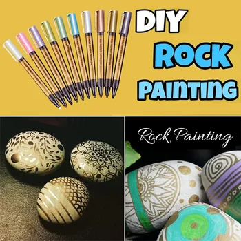

10pcs Metallic Paint Marker Pens for Rock Painting Ceramic Glass Wood Fabric Scrapbook Journals Photo Albums Card HKS99
