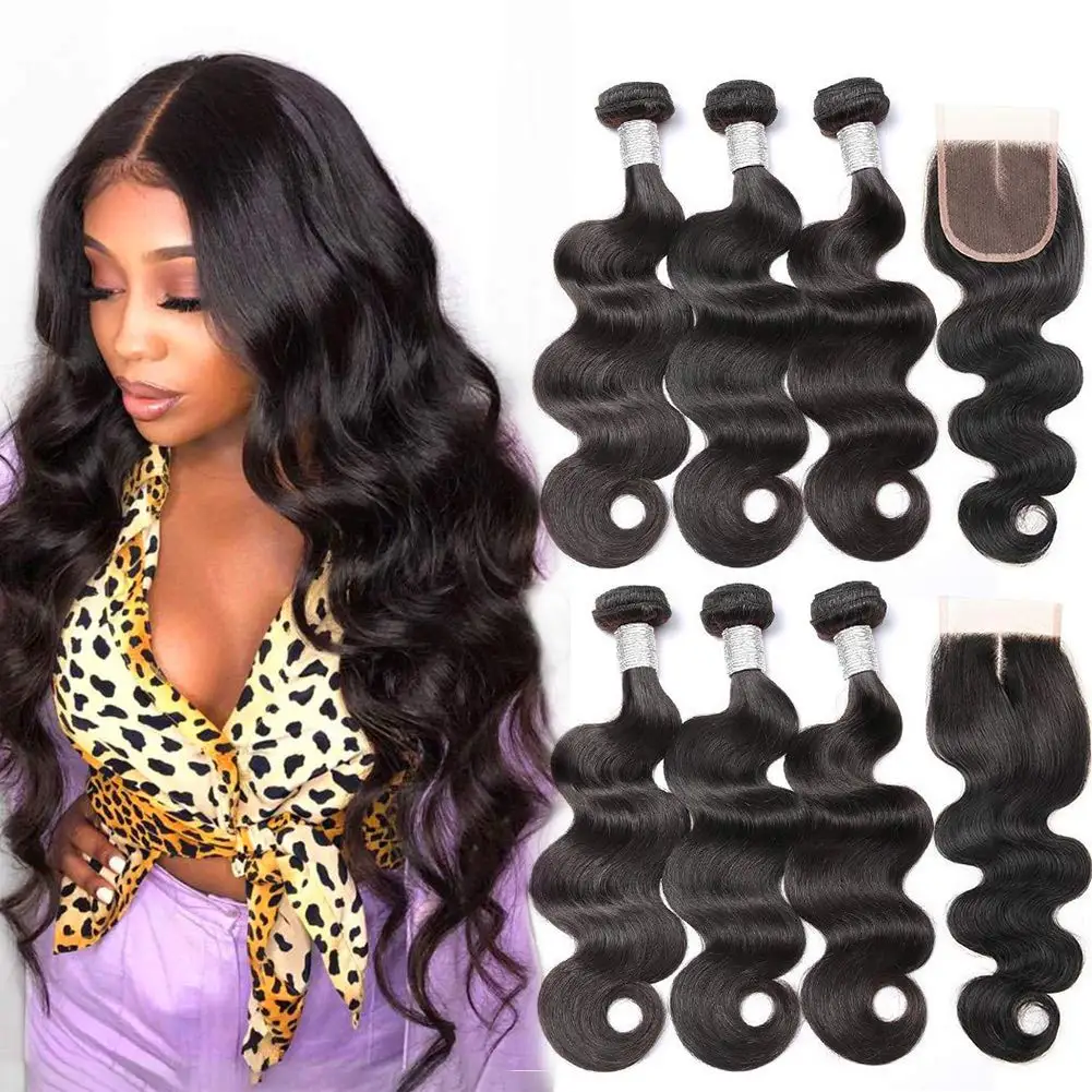 Brazilian Body Wave Bundle with Closure 8 A Grade 100% Unprocessed Human Hair Bundles 4X4 Swiss Lace | Шиньоны и парики