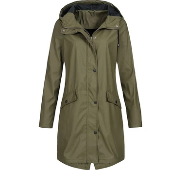 

Women Trench Causal Long Sleeve Hooded Trench Coat Harajuku mid-long Zipper And Button Windbreaker Fashion Female Overcoat