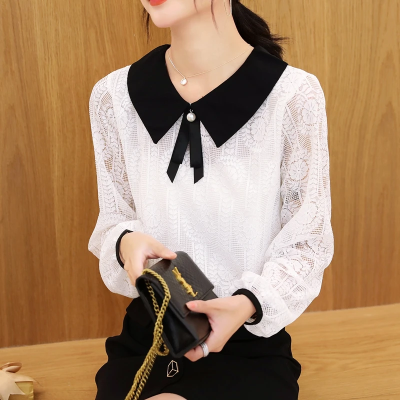 

COIGARSAM Casual Lace blouse women New Spring Full Sleeve Chiffon Loose blusas womens tops and blouses White 895