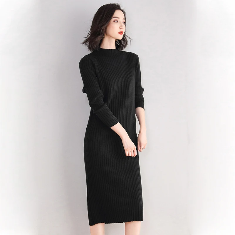 Lucyever 2019 Autumn Winter Women Solid Black Long Sweater Dress Slim Fit Elasticity Soft and Warm Knitted Dresses Woman Casual |