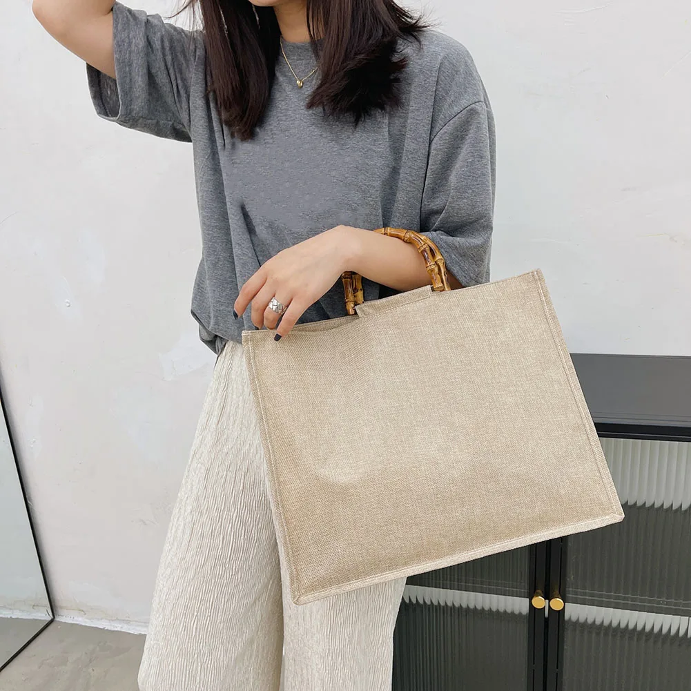 Portable Burlap Jute Tote Fruit Vegetable Shopping Bag Handbag Bamboo Loop Handles Reusable Tote Grocery Bags for Women Girls
