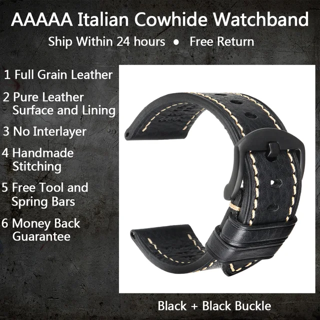 MAIKES Handmade Watch Band Genuine Cow Leather Watch Strap With Butterfly Buckle Bracelet For MONTBLANC Tudor Watchbands Black B Buckle