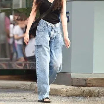 

Women's Light Blue Jeans Straight Hole Zipper Female Casual Denim Trousers Lady Long Pants 2020 New