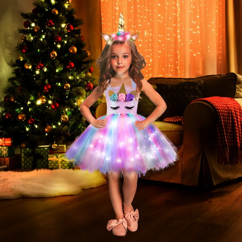 Girls Christmas Glowing Unicorn Costume Kids Birthday Party Sequin Rainbow LED Lights Tutu Dresses Set World Book Day Gifts sexy anime cosplay