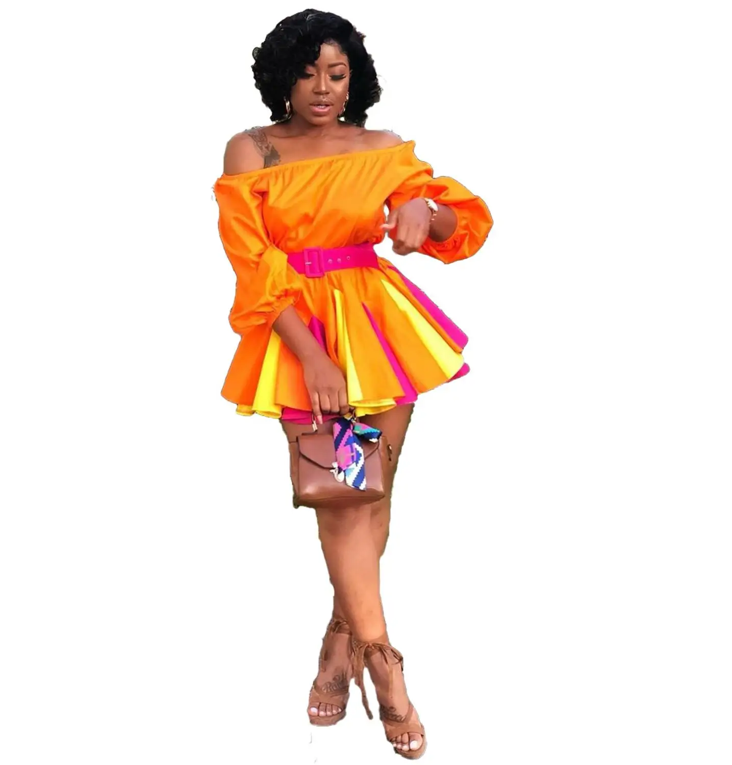 Lemon Gina 2019 autumn new off shoulder wrist sleeve big swing patchwork of clashing midi dress fashion casual dresses RRK229 | Женская