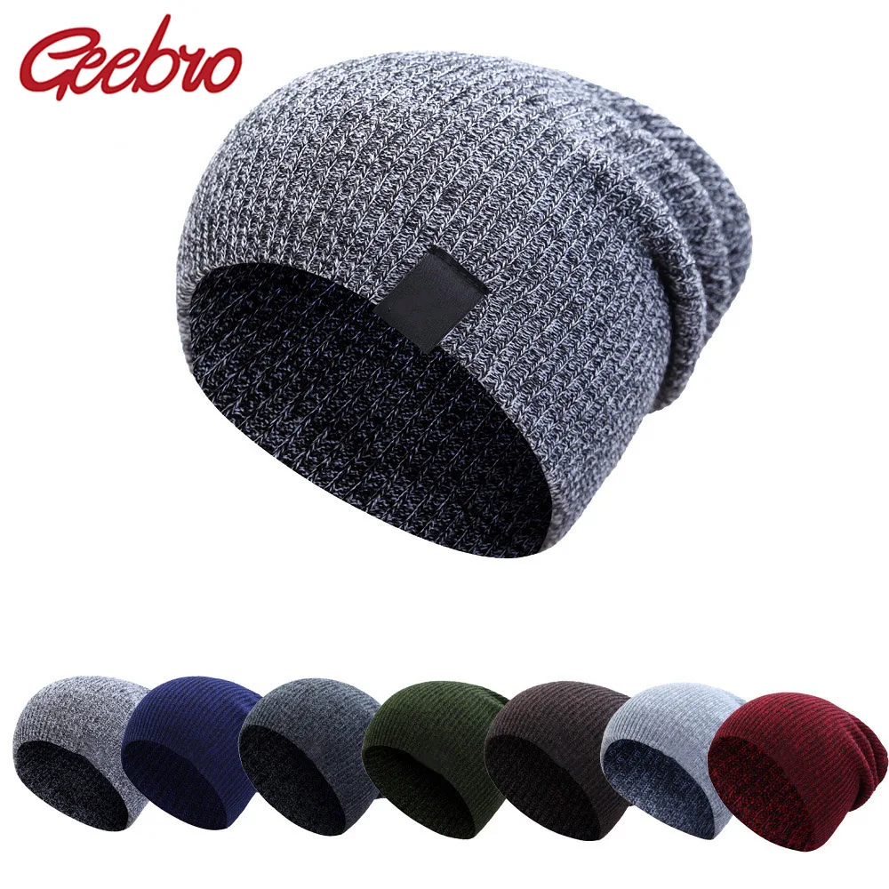 

Geebro Casual Knitted Hats Winter Warm Caps For Man Women Fashion Baggy Beanies Solid Color Elastic Hats Unisex Bonnet Cap Autum