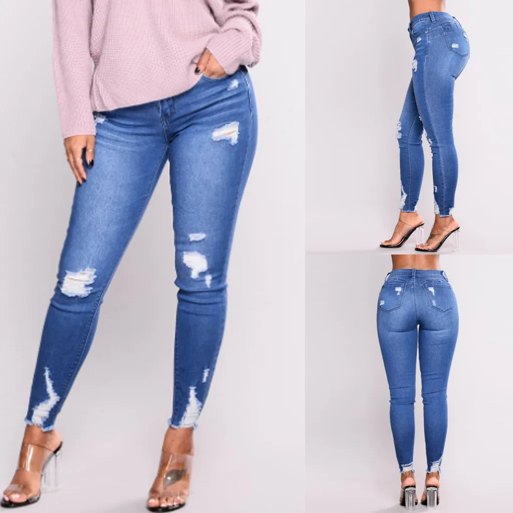 SAGACE шикарные модные женские Стрейчевые прямые джинсовые штаны с высокой талией и дырками, дамские темпераментные повседневные джинсы, горячая Распродажа, однотонные