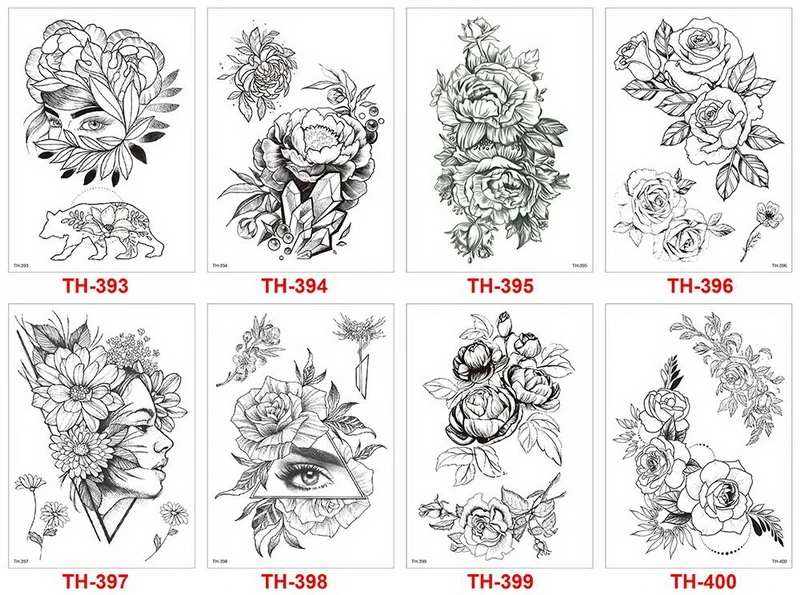 TH393X400 8 шт./партия эскиз татуировка в форме цветка черная Геометрическая наклейка-тату розы цветы эскизы тату дизайн большой водонепроницаемый тату поддельные наборы - Цвет: TH393X400