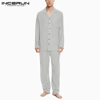 

INCERUN Solid Color Men Pajamas Sets Long Sleeve Lapel Sleepwear Leisure Pants Cozy Homewear Fashion Men Nightwear Sets 2 Pieces