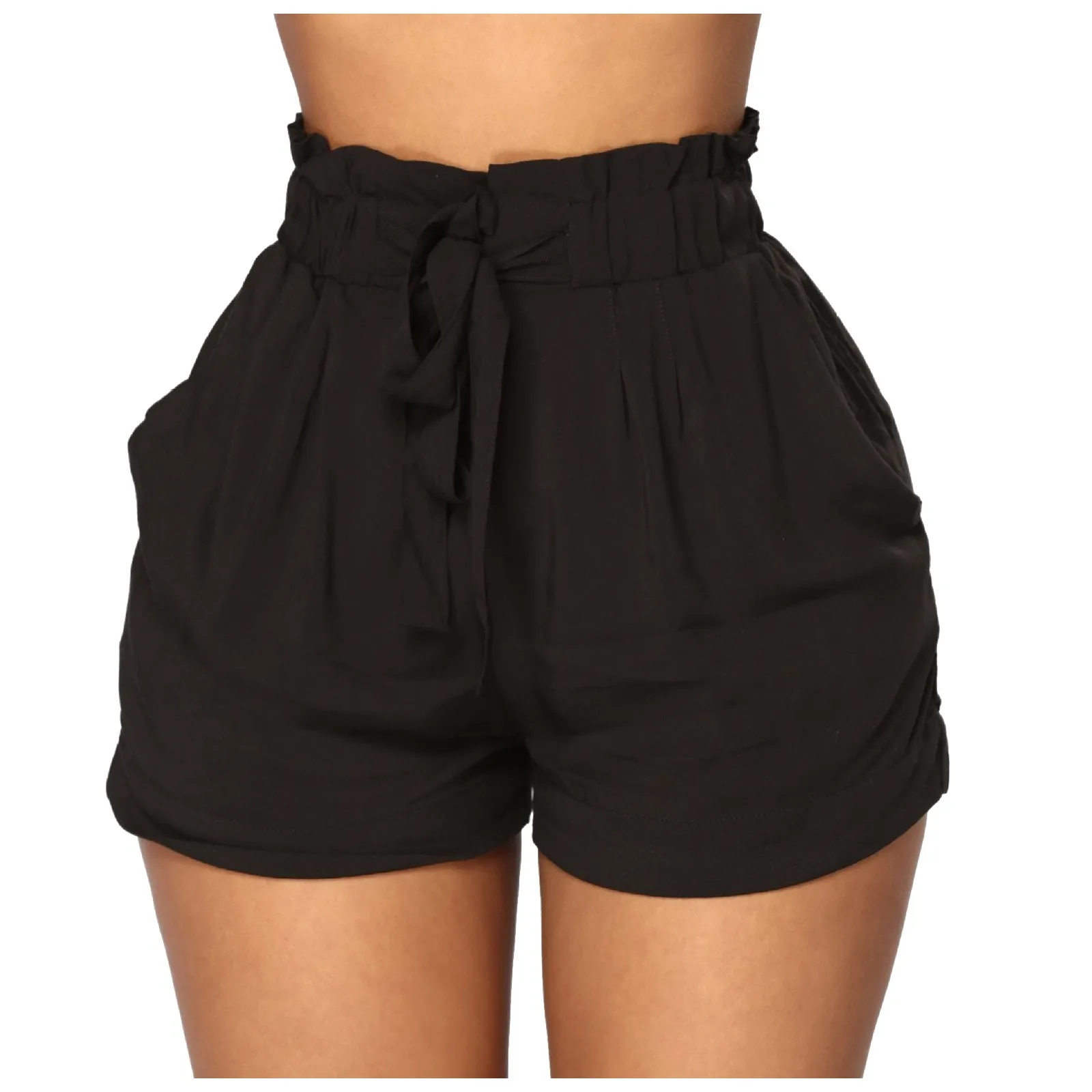New Summer Shorts Women Pocket Bow Tie Belt High Waist Solid Casual Summer Sport Trousers Bow Drawstring Lace Up Shorts Feminino 2
