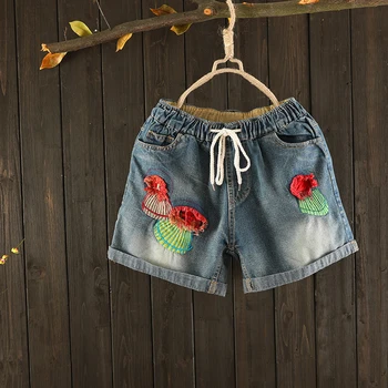 

Summer New Arts Style Women Elastic Waist Loose Shorts All-matched Casual Vintage Embroidery Cotton Denim Short Jeans S565