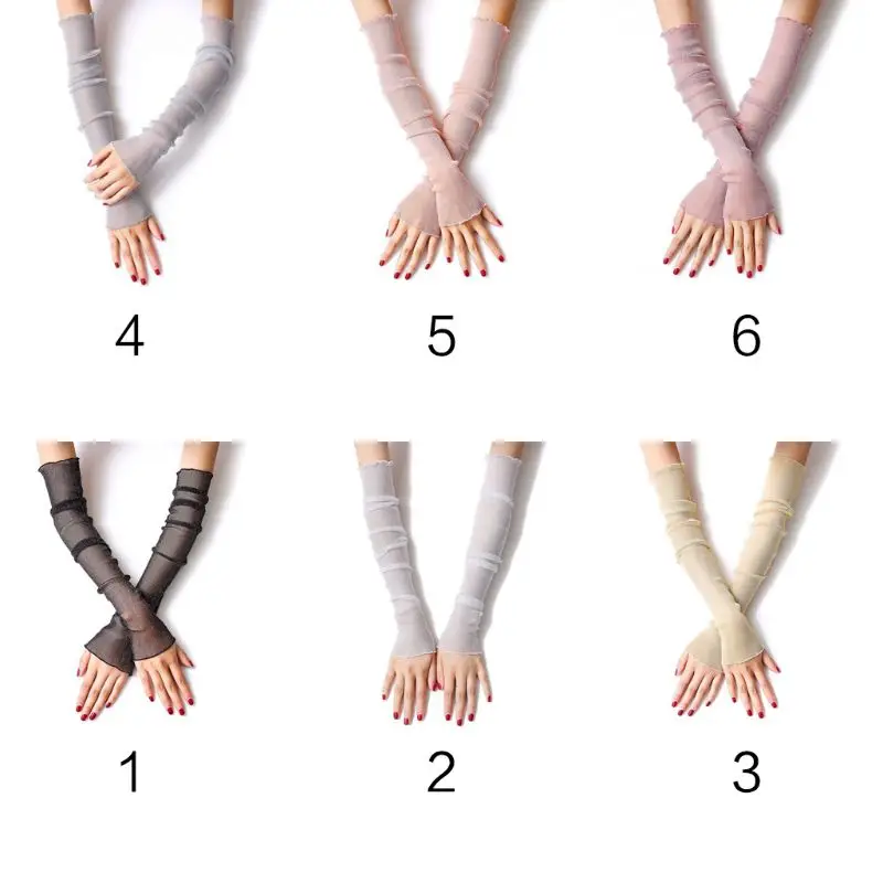 Женские ультра-тонкие блестящие сетчатые длинные кружевные перчатки с металлическим блеском одноцветные перчатки для рук с защитой от ультрафиолета рукава с оборками