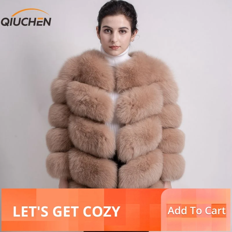 

QIUCHEN PJ8066-1 high quality real fox fur coat winter warm thick fox fur jacket genuine fur coat long sleeves keep warm