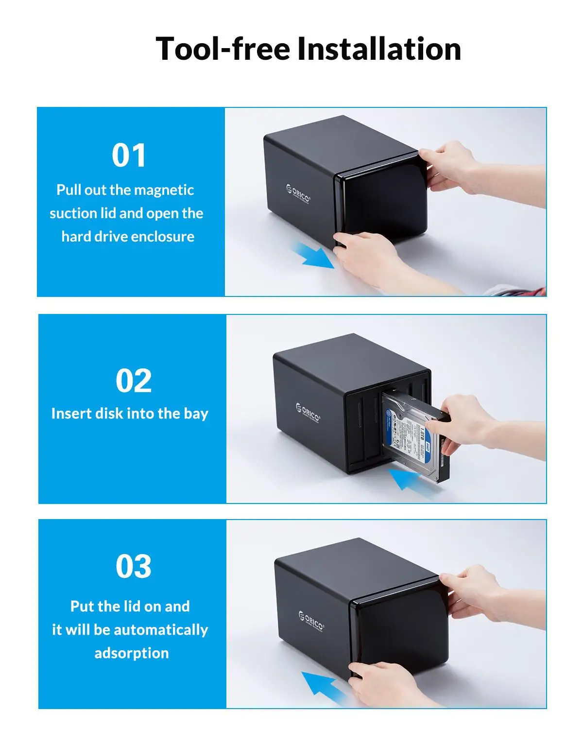 NAS Enclosure ORICO HDD Case Storage 2 Bay Hard Drive Docking Station SATA to USB3.0 16TB Tool Free Support Raid