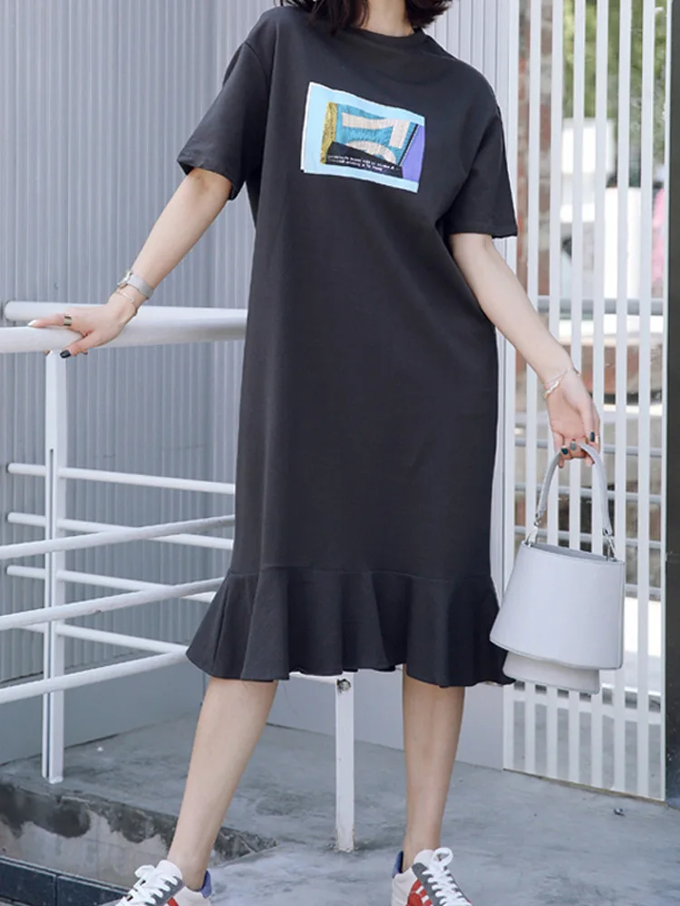 

Korean-style Summer Fishtail Flounced Printed Loose And Plus-sized Exta-long over-the-Knee T-shirt Dress Lazy Long Skirts Women'