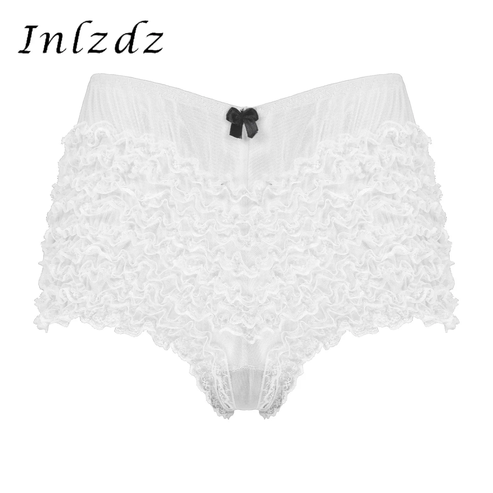 

Adult Mens Lingerie Sexy Sissy Underwear Lace Ruffle Crossdressing Panties Dance Shorts Elastic Waist Translucent Boxer Shorts