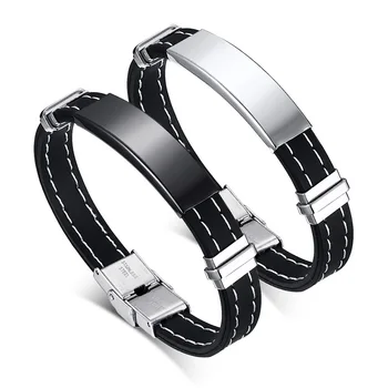 

Men's Casual 12mm Customize Engrave Black Sewed Silicone Band Bracelets with Stainless Steel ID Tag Bangle Wristband Jewelry