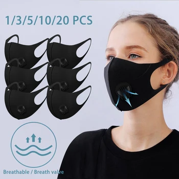

10/20pc Face Mask With Breath Valve Fog PM2.5 Elastic Breathable Soft Mouth Mask Washable Safety Respirator Mask With OPP Bag