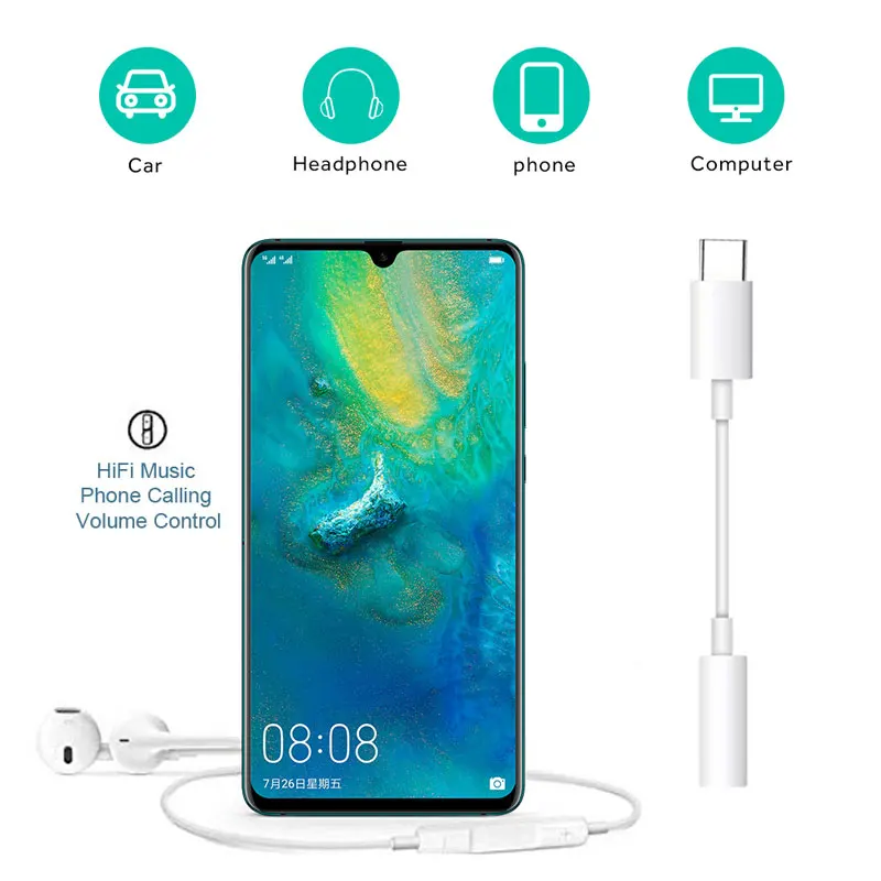 Адаптер для наушников с Type C на 3 5 мм AUX Huawei mate 20 P30 pro Xiaomi Mi 8 9 SE Jack аудиокабель