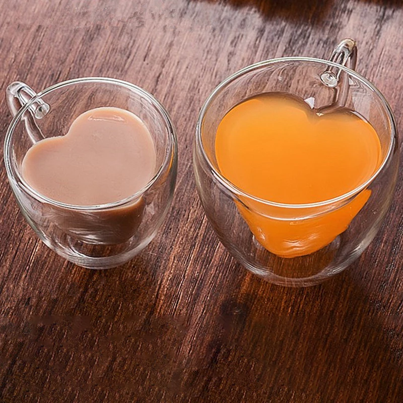 Double Wall Teacup Heat-resistant Creative Heart Shap Handle Cups Double-layer Glass Coffee Cup Milk Cup Drinking Juice Cup