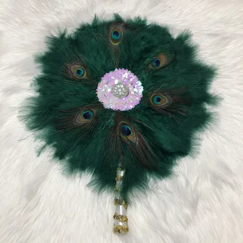 

4pcs African Handmade Hand Fan Green Turkey Feather HandFan for Wedding Party with Sequins Single Side Feather Fans-30