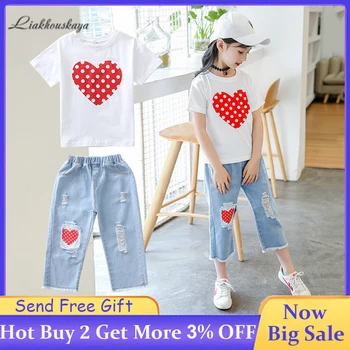 

2020 Summer Girls Clothes Suit Youth Leisure Sports Suit Short Sleeve Print T-Shirts +Elasticated Waist Ripped Jeans 2pcs Suits