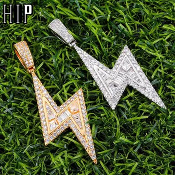 

Hip Hop Bling Iced Out Micro Paved CZ Baguette lightning Pendants & Necklaces For Men Rapper Jewelry With Solid Back