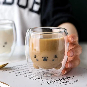 

MDZF SWEETHOME Cartoon Animal Double-Layer Milk Coffee Mug Cute Bear Milk Juice Glass Cup Lady Birthday Christmas Gift