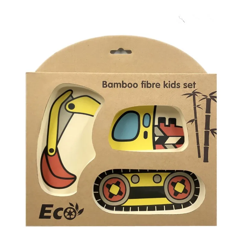3pcs/set Cartoon Car Feeding Bowl Dishes Baby Dish Tableware Children Kids Natural Bamboo Fiber Dinnerware With Fork Spoon Plate - Цвет: excavator