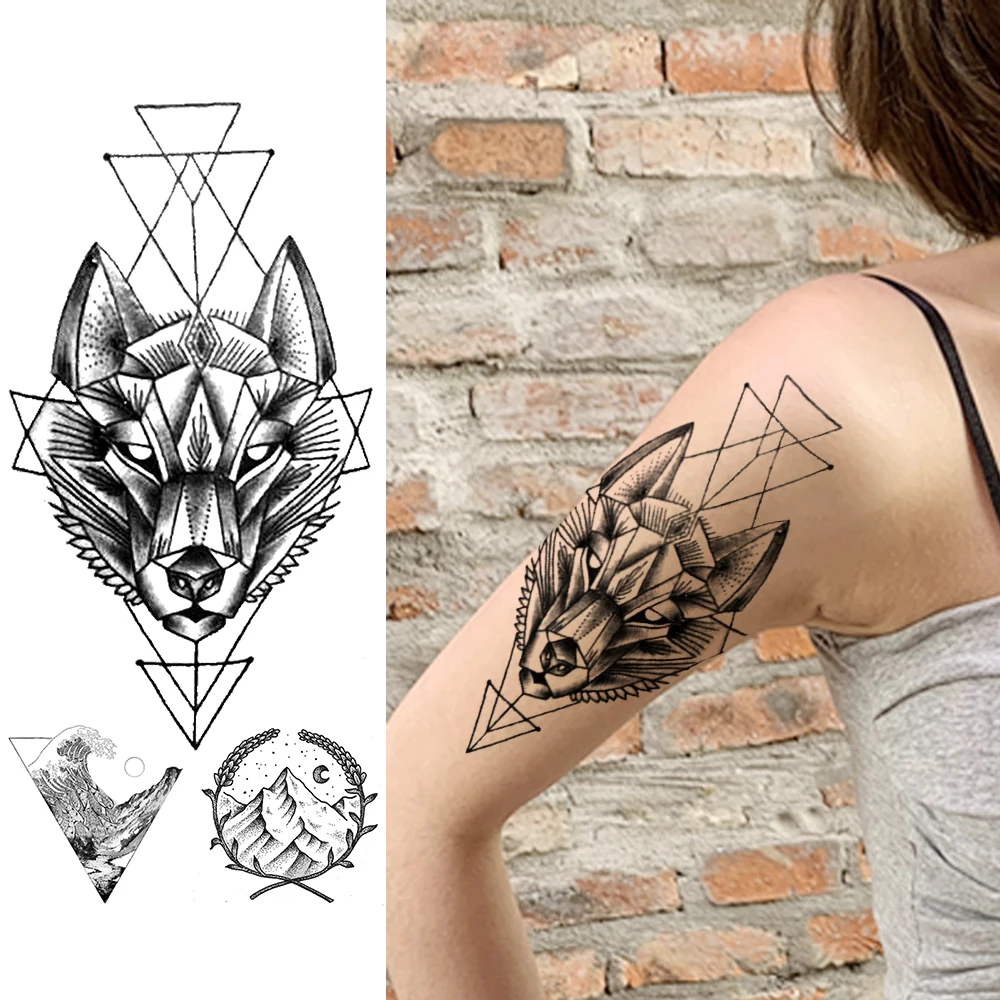 Геометрические цветы временные татуировки наклейки поддельные Луна Лев волк татуировки водонепроницаемый точка шаблон браслет черные татуировки для женщин и мужчин