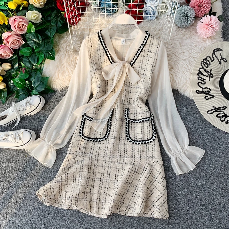 

Temperament Small Fragrance Dress Two-piece 2019 Autumn New Bow-tie Shirt + V Collar Sleeveless Lotus Leaf-edged Dress Dresses