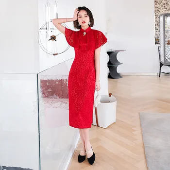 

Vintage Oversize 3XL Novelty Short Chinese Formal Lace Dress Chinese Style Women Lace Qipao Elegant Lady Cheongsam