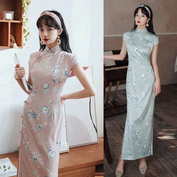 

Vintage Chinese Style Qipao Long Handmade Button Cheongsam Dress Women's Mandarin Collar Traditional Dress Size S -3XL