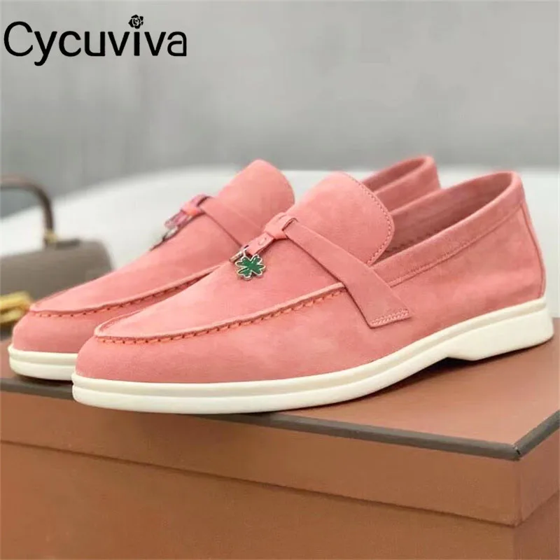 

2022 New Arrivel Kidsuede Flat Shoes Woman Slip On Women Loafers Metal Apple Decor Mules Comfy Casual Shoes Summer Walk Shoes