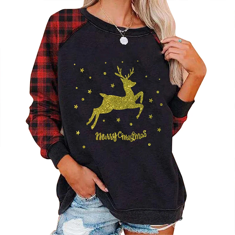 

Ladies Shirts Christmas Long-sleeved Winter Tops with Printed Plaid Sleeves Stitching Y2k Long-sleeved Round Neck Elegant Tops