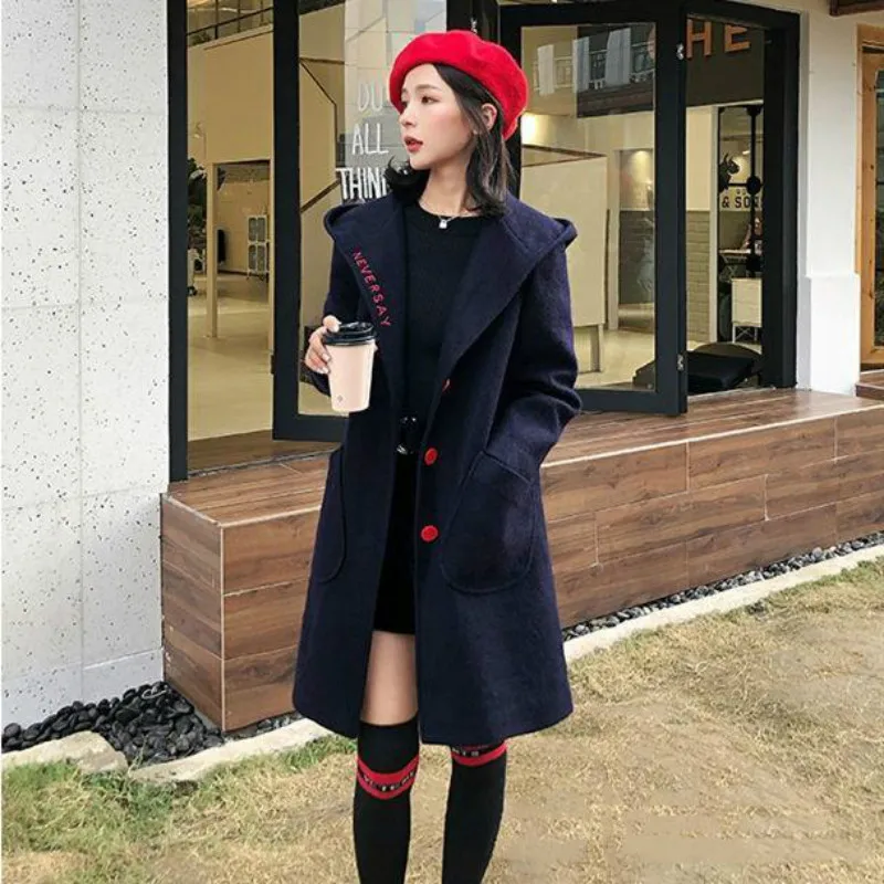 

JUNSRM-Women's Mid-length Woolen Hooded Coat, Thick and Thin Clothes, Autumn and Winter