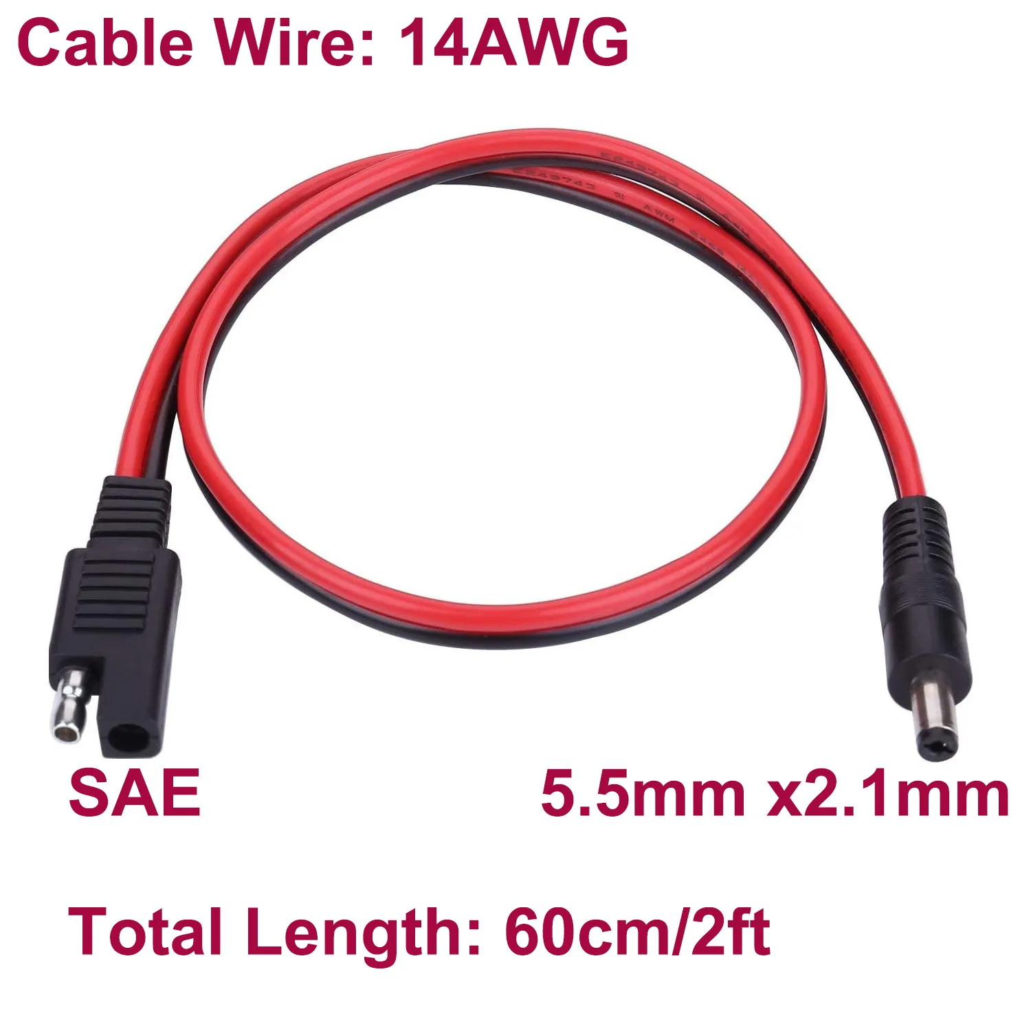 DC 5.5mm x 2.1mm Male To SAE Plug Cables SAE Polarity Reverse & DC 8mm Adapter 14AWG 2ft/60cm For Automotive RV Solar Panel