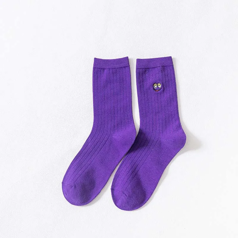 [WPLOIKJD]Candy Color Autumn Winter Socks New Product Embroidery Cute Expression Cotton Women Socks Harajuku Sokken Skarpetki - Цвет: Purple Socks