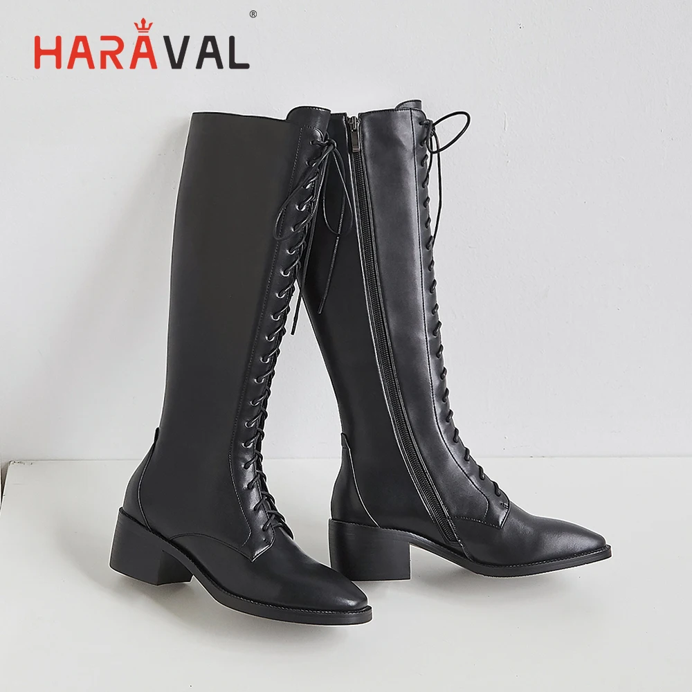 HARAVAL Luxury Woman Winter Over-the-knee Boot Handmade Genuine Leather Round Toe Square Heel Shoes Black Lace-up Sexy Boot B240