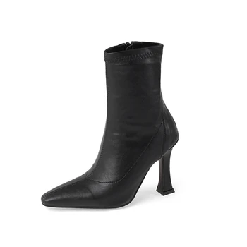 

Classic Design Genuine Leather High Heels ankle boots Pointed Toe Handmade Shoes For Women Wedding Casual Shoes Woman