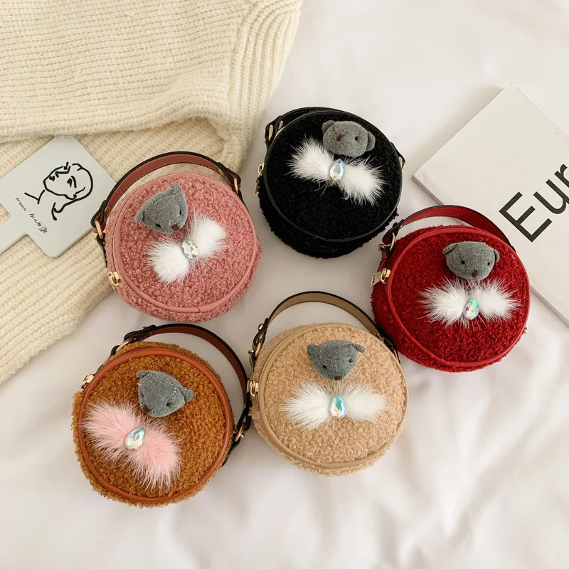 

Children Wool Small round Bag 2019 Autumn And Winter New Style Korean-style Creative Furry Baby Bear Trim Package Snacks Bag