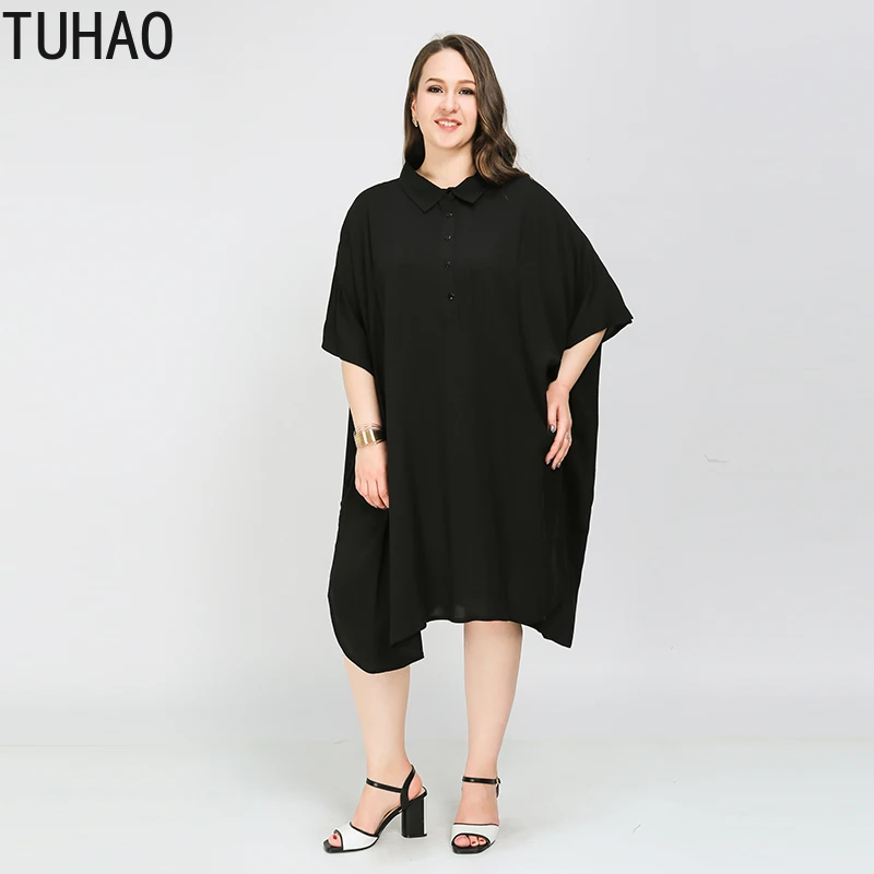

TUHAO Big Size 8XL 7XL 6XL 5XL Black shirt Dress 2019 Summer Women Dresses Batwing Sleeve Mid-Calf Length Split Lady Dress LW121