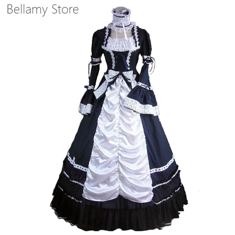 

Navy bow Lolita retro Victorian Gothic long sleeve puff dress dress