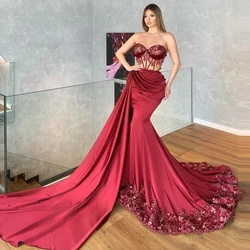Strapless Satin With Beading Prom Dress Sexy Long Train Mermaid  Evening Cocktail Party Gown Exquisite Wedding Robe De Soriee