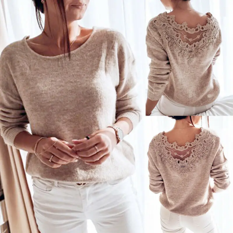 Autumn Womens Clothes Sexy Elegant Lace Stitching Backless Pullover Woman Sweater Long Sleeve Jumper Top Knitted Sweater Bodycon Autumn Womens Clothes Sexy Elegant Lace Stitching Backless Pullover Woman Sweater Long Sleeve Jumper Top Knitted Sweater Bodycon