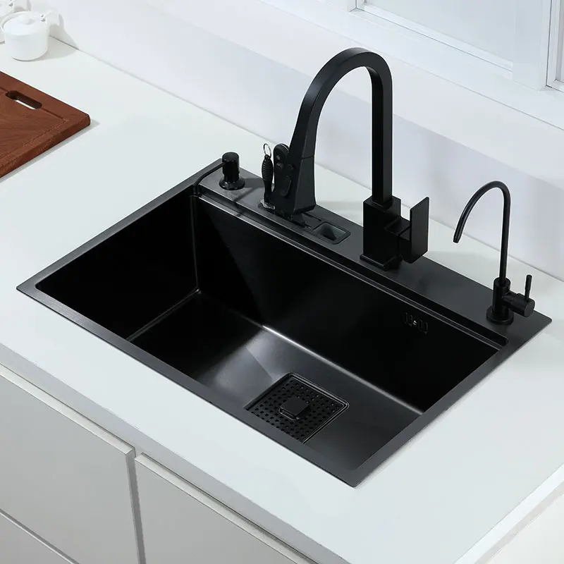 Black single kitchen sink With knife holder vegetable washing basin With cutting board stainless steel pia black sink 2